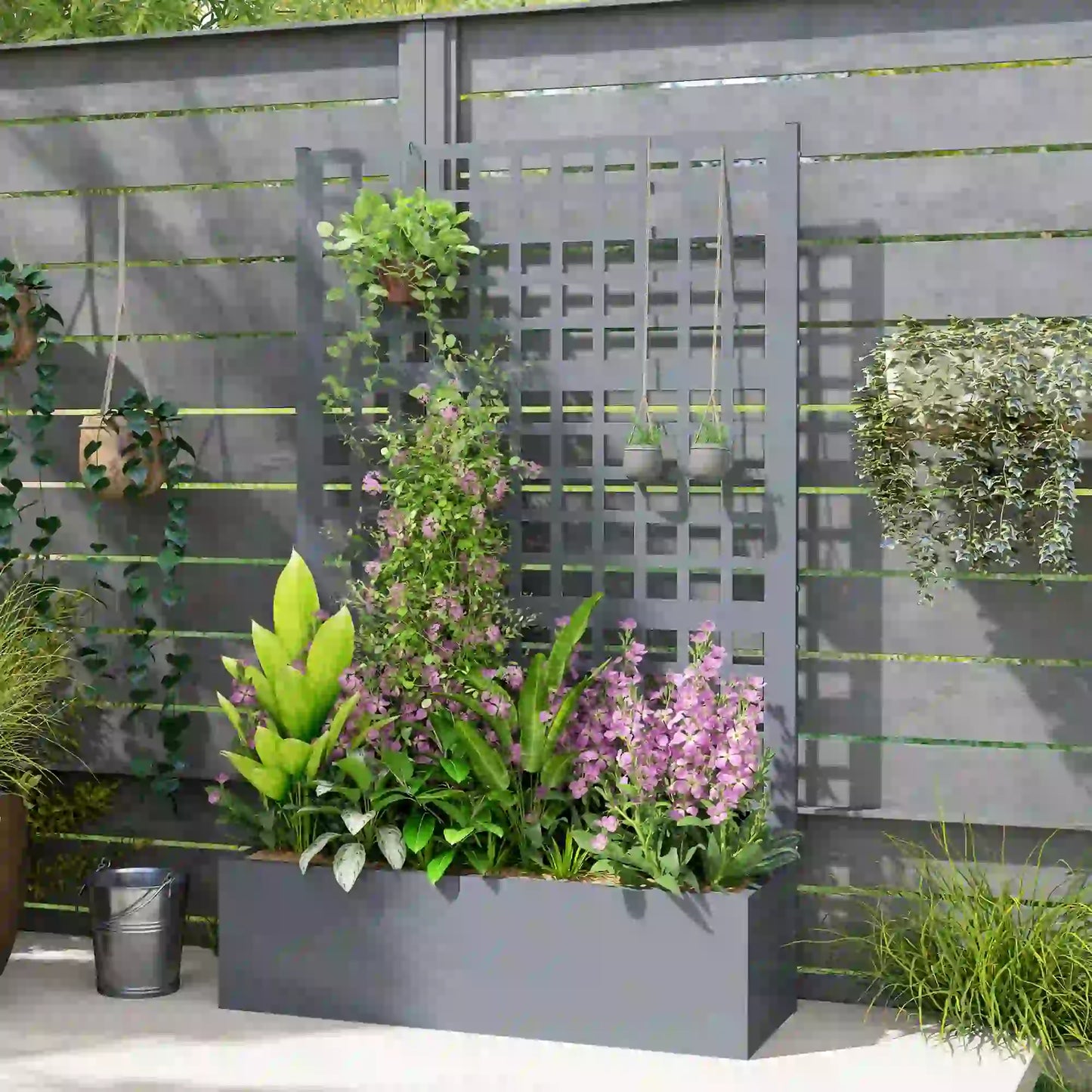 Galvanized Raised Garden Bed Planter Box With Trellis, 43"x16"x70", Grey Wood Effect, Grey