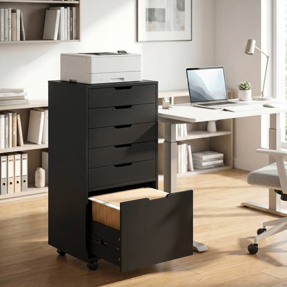 Mobile File Cabinet On Wheels, 5 Drawer Printer Stand, Black