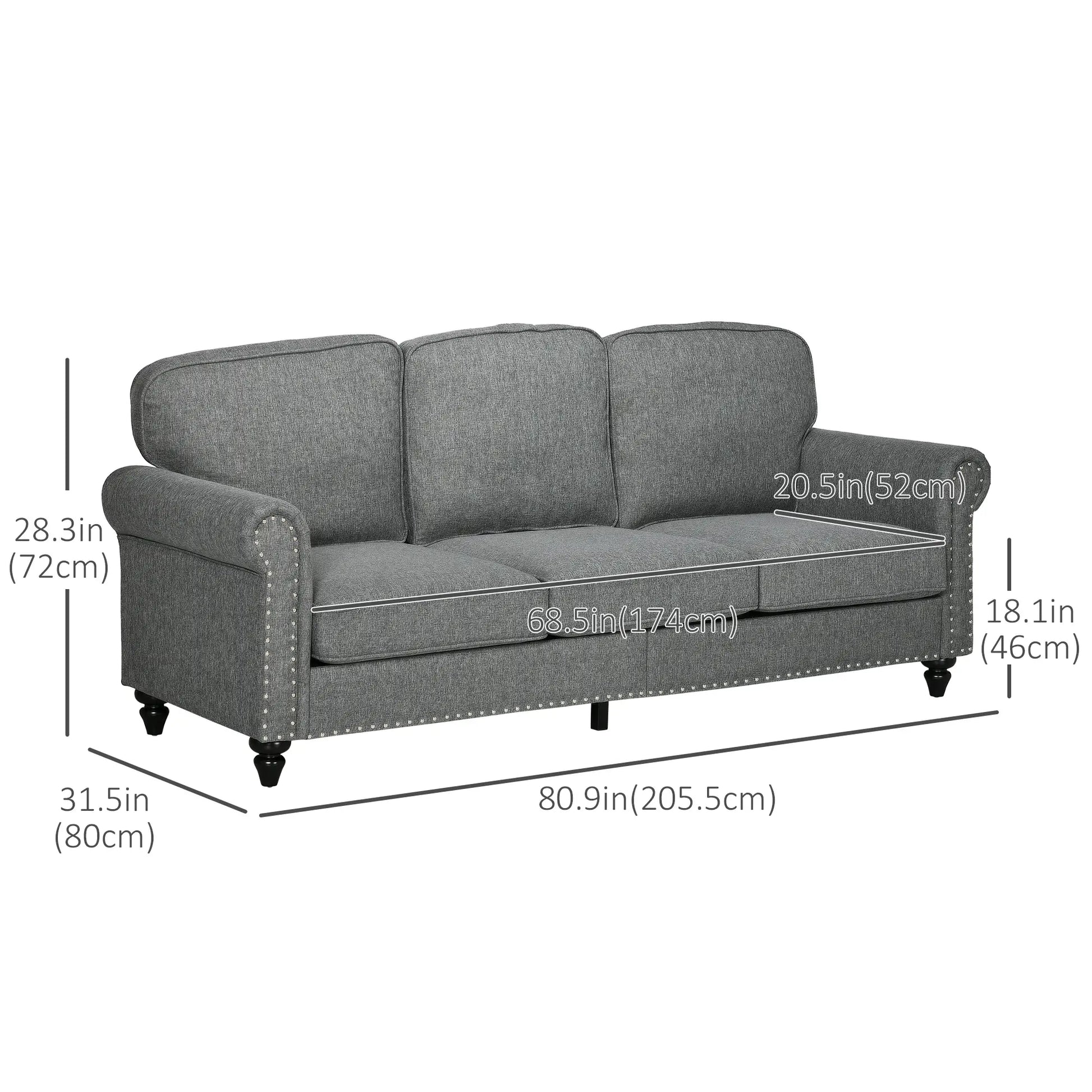 3-Seater Sofa, 81" Upholstered Linen Fabric, Rubberwood Legs, Grey 3-Seater Sofas at Gallery Canada