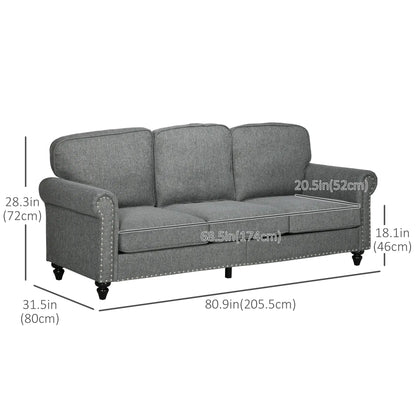 3-Seater Sofa, 81" Upholstered Linen Fabric, Rubberwood Legs, Grey 3-Seater Sofas at Gallery Canada