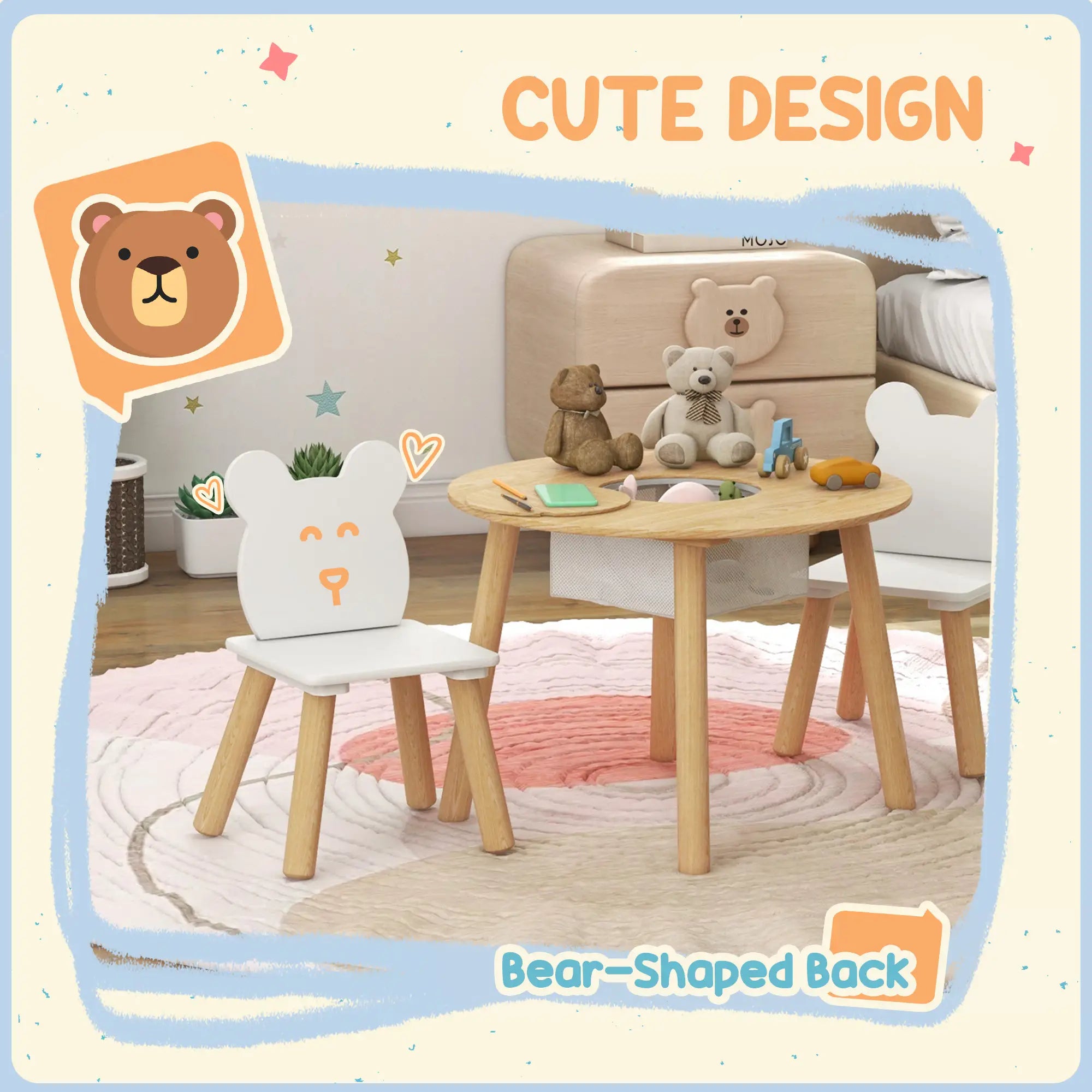 Kids Table and Chair Set, 3 Pieces, Bear-Shaped Chairs, Mesh Bag Kids Table Sets at Gallery Canada