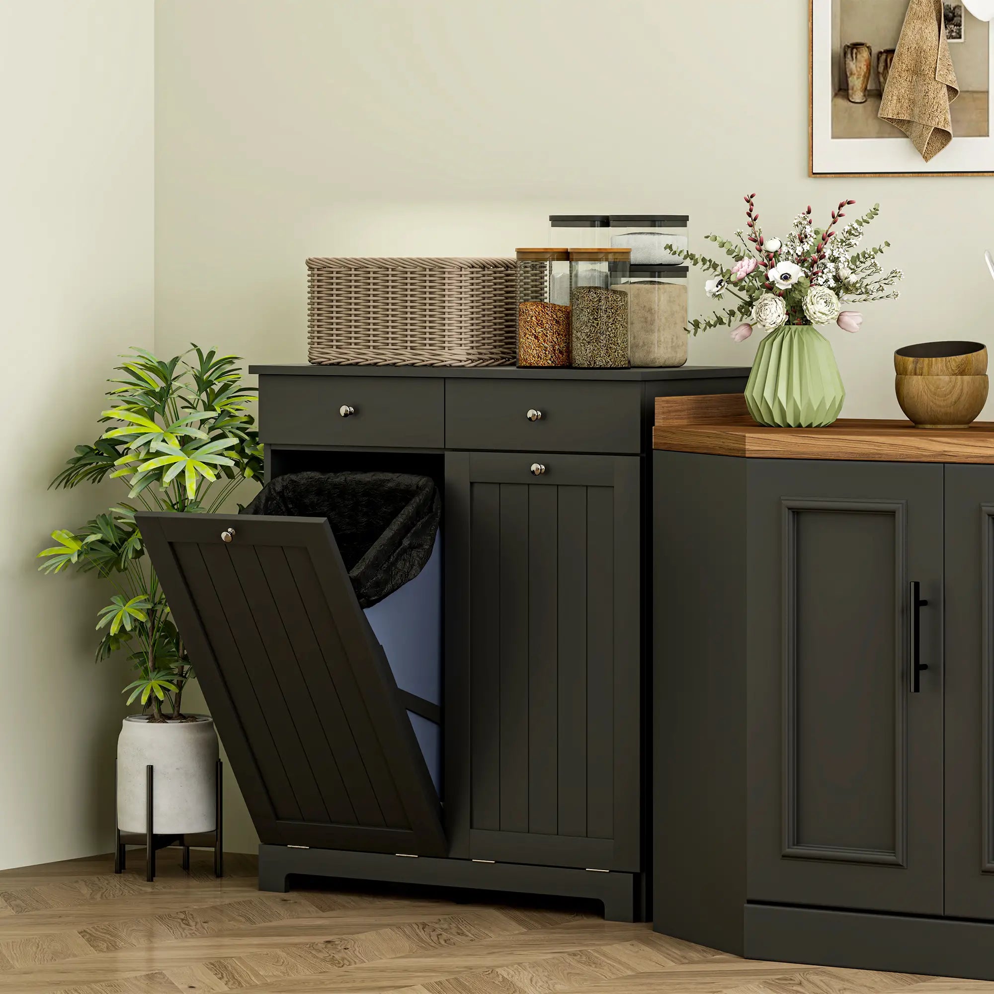 Laundry Cabinet, Tilt Out Hamper with 2 Baskets, 2 Drawers, Black Bathroom Cabinets at Gallery Canada