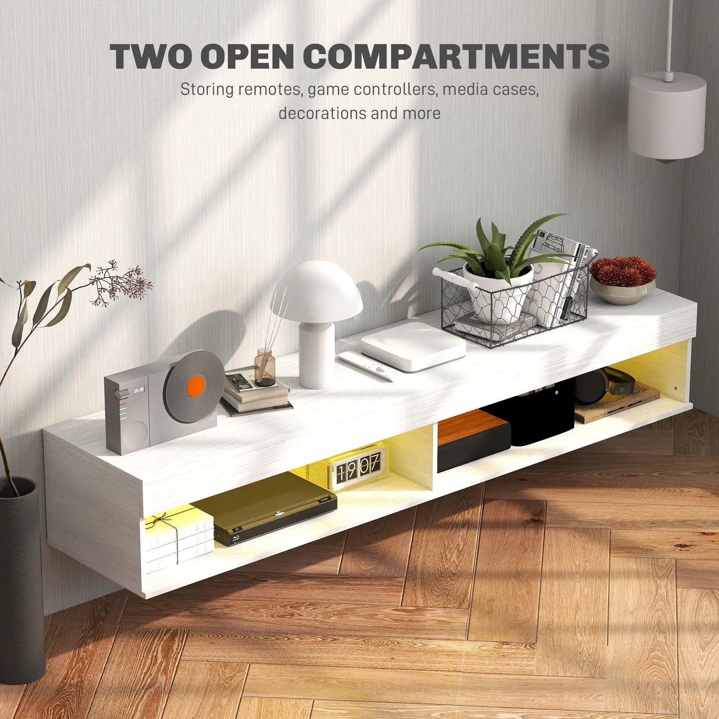 Wall Mounted TV Stand With Storage, LED Lights, For TVs Up To 75", White TV Stands at Gallery Canada