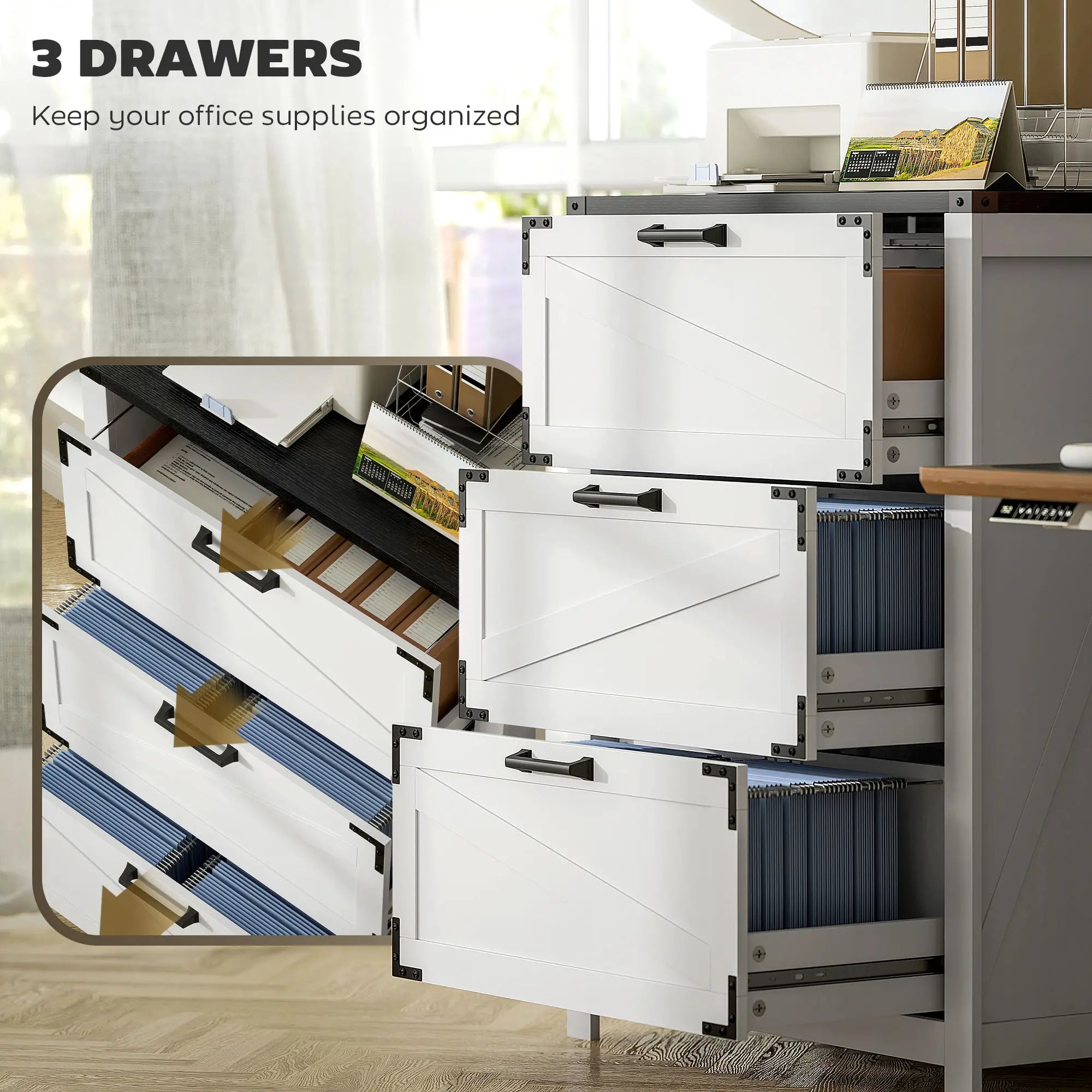 3 Drawer Filing Cabinet, Farmhouse Office Storage, Adjustable Hanging Bars, Letter, A4, Legal Size, White Office Cabinets & Cupboards at Gallery Canada