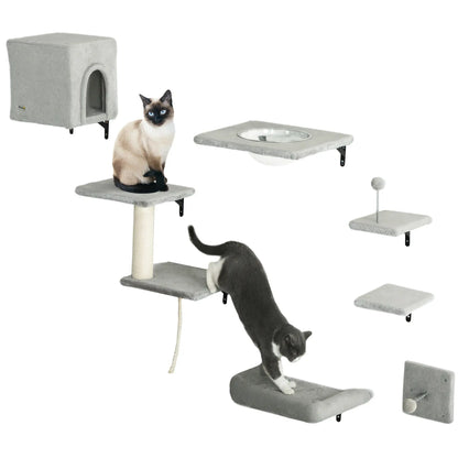 Cat Wall Shelves Set of 7, Perches with House, Sisal Ladder, Bed, Grey Cat Climbing Wall at Gallery Canada