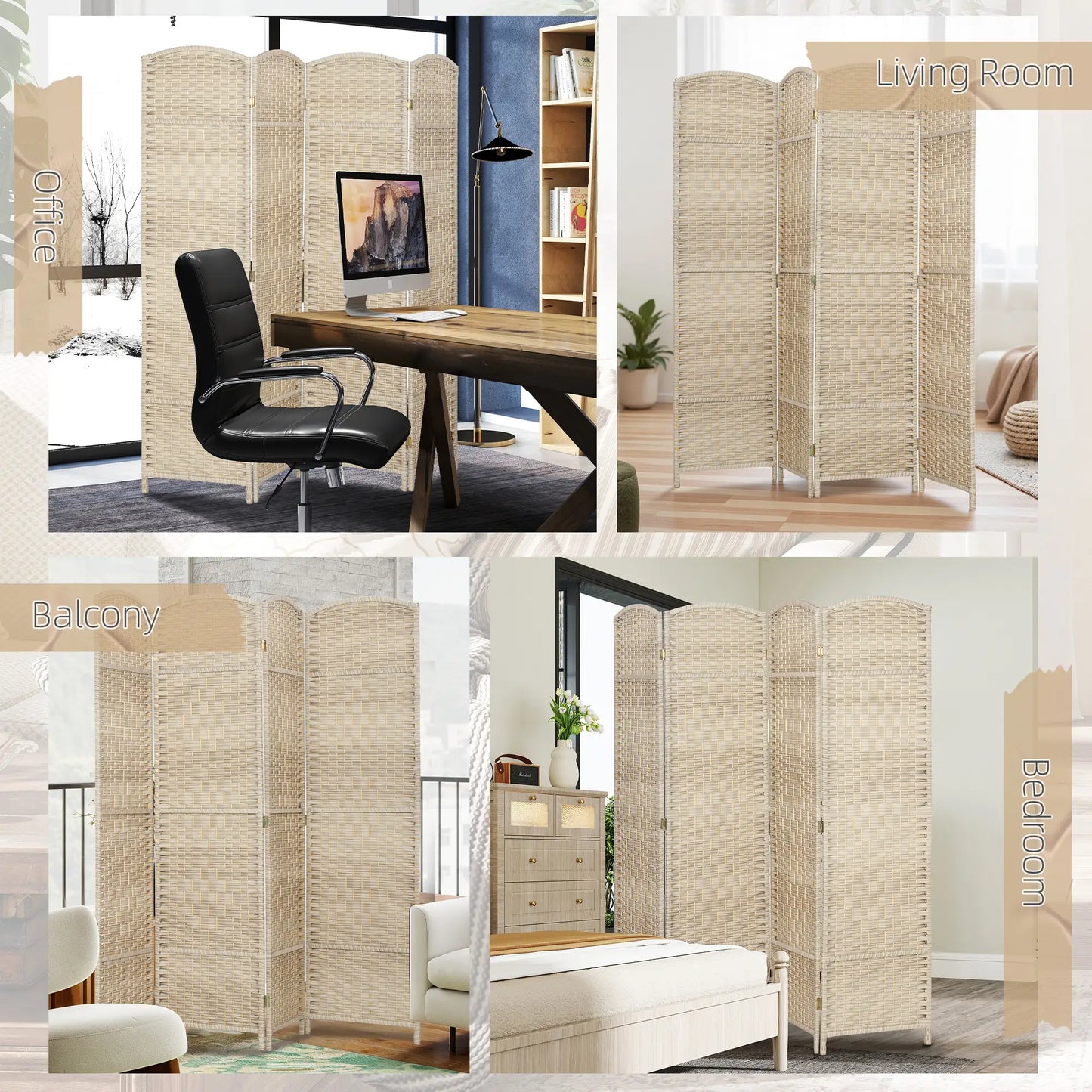 6 Ft Tall Folding Room Divider, 4 Panel Privacy Screen, Light Oak