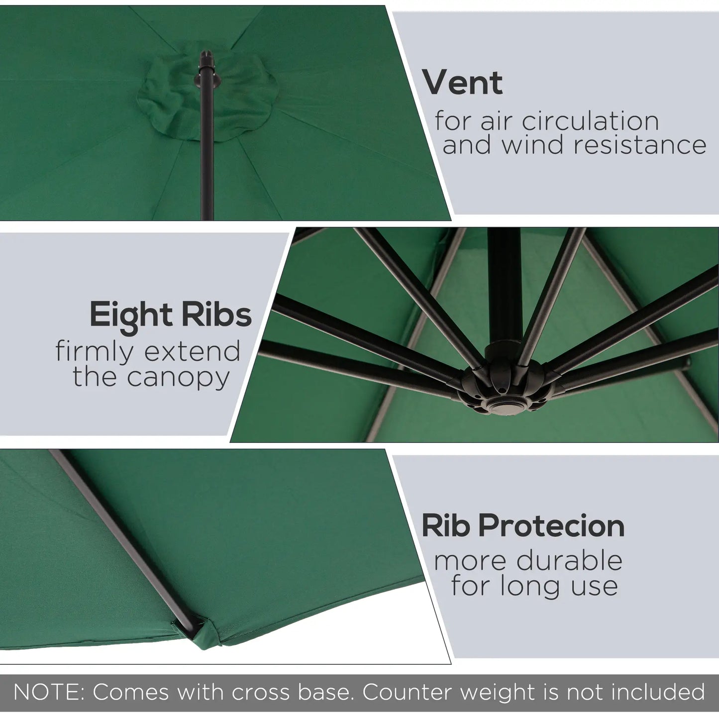 9.7ft Offset Patio Umbrella, 8 Ribs, Crank Handle, Cross Base, Green Offset Cantilever Umbrellas at Gallery Canada