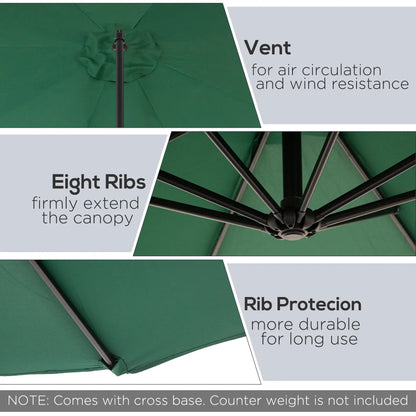 9.7ft Offset Patio Umbrella, 8 Ribs, Crank Handle, Cross Base, Green Offset Cantilever Umbrellas at Gallery Canada