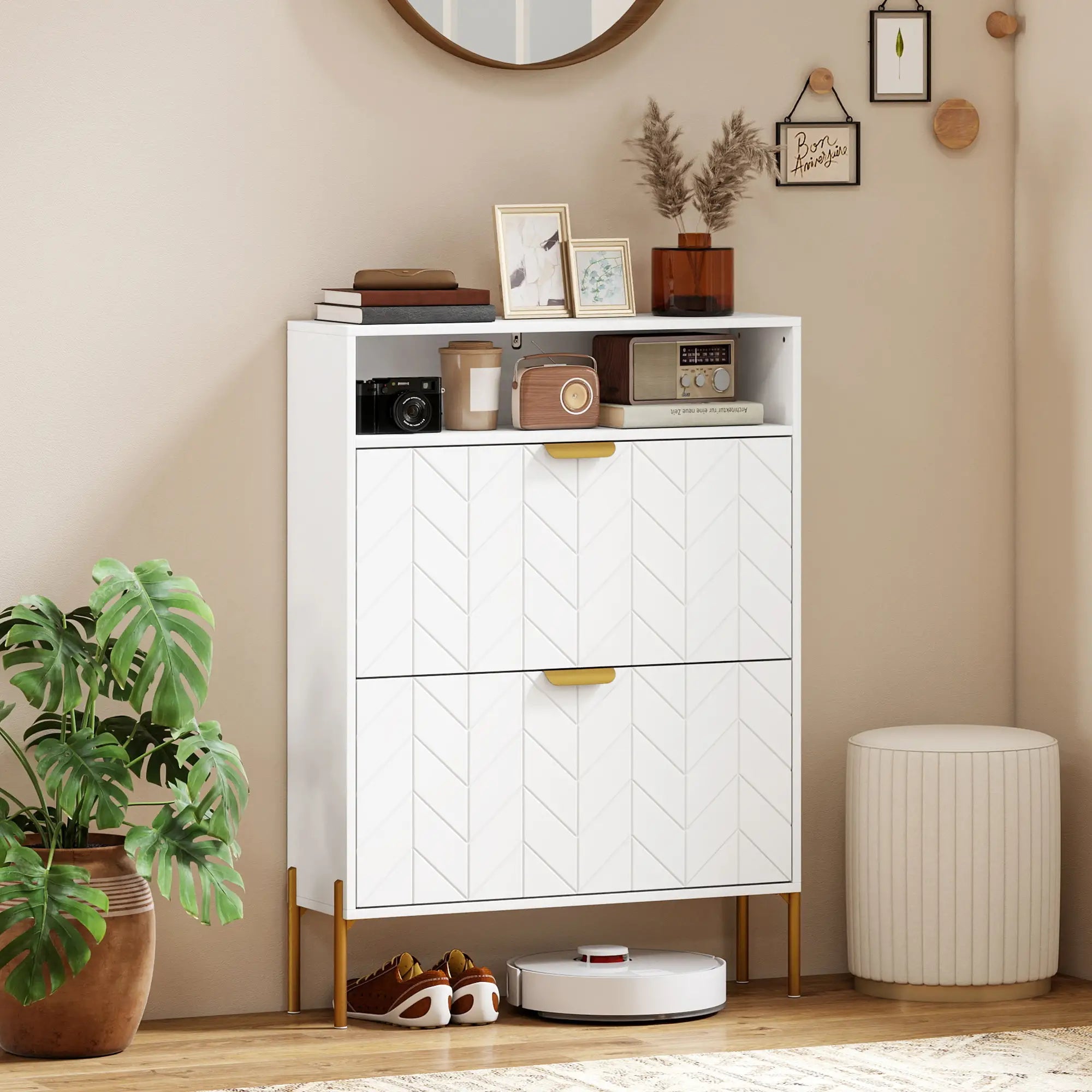 Modern Shoe Cabinet, 2 Flip Drawers, Adjustable Shelves, White Shoe Storage Cabinets & Racks at Gallery Canada