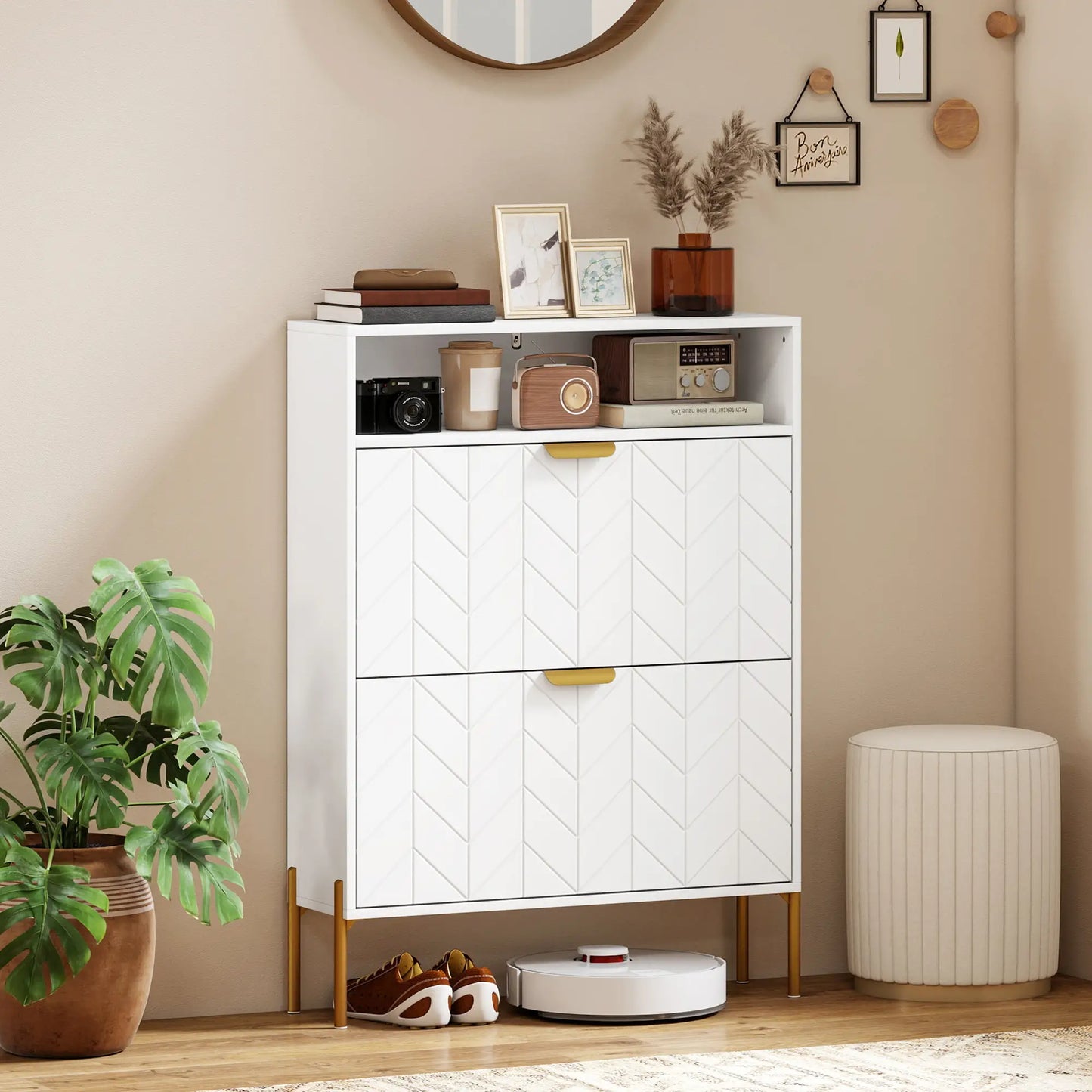 Modern Shoe Cabinet, 2 Flip Drawers, Adjustable Shelves, White Shoe Storage Cabinets & Racks at Gallery Canada