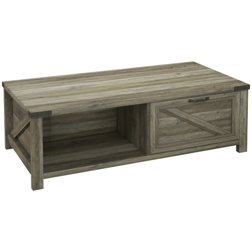 Farmhouse Coffee Table with Drawer, Storage Shelf, Grey