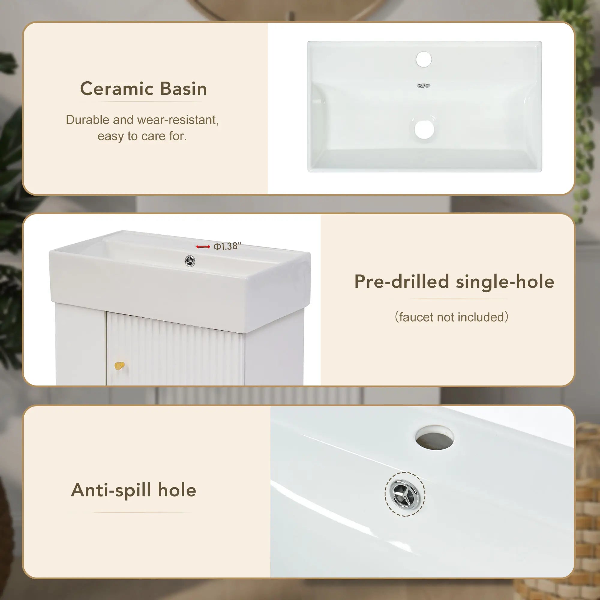 Floating Bathroom Vanity, Ceramic Basin, Side Storage, Rose Gold Handle, 21.5
