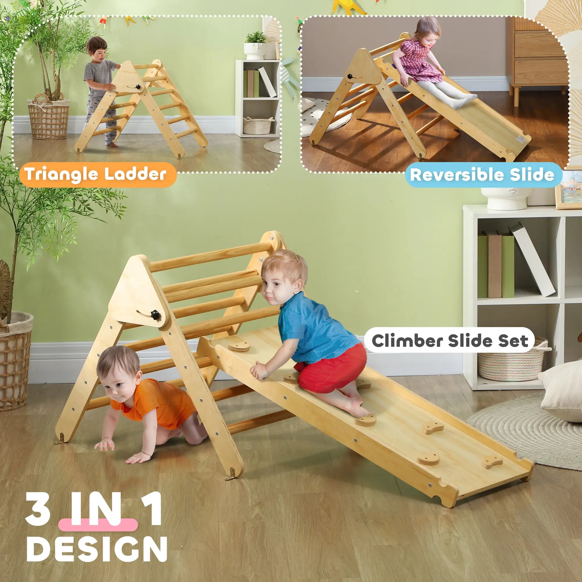Pikler Triangle Set, 3 in 1 Climbing Toys with Ramp, Nature Wood Baby Gym & Playmats at Gallery Canada