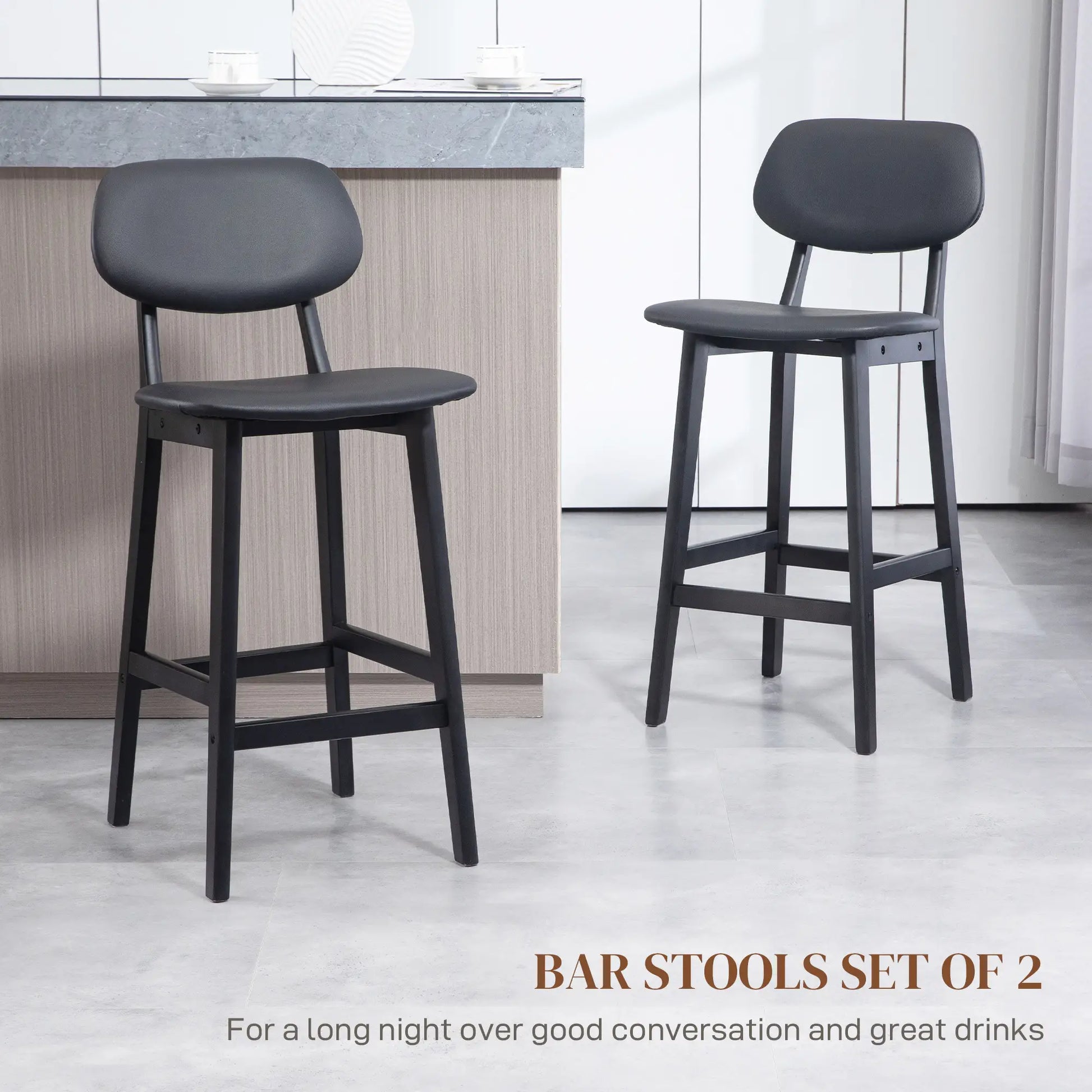 PU Leather Bar Stools Set of 2, Counter Height with Footrest, Solid Wood Legs, Black Bar Stools at Gallery Canada