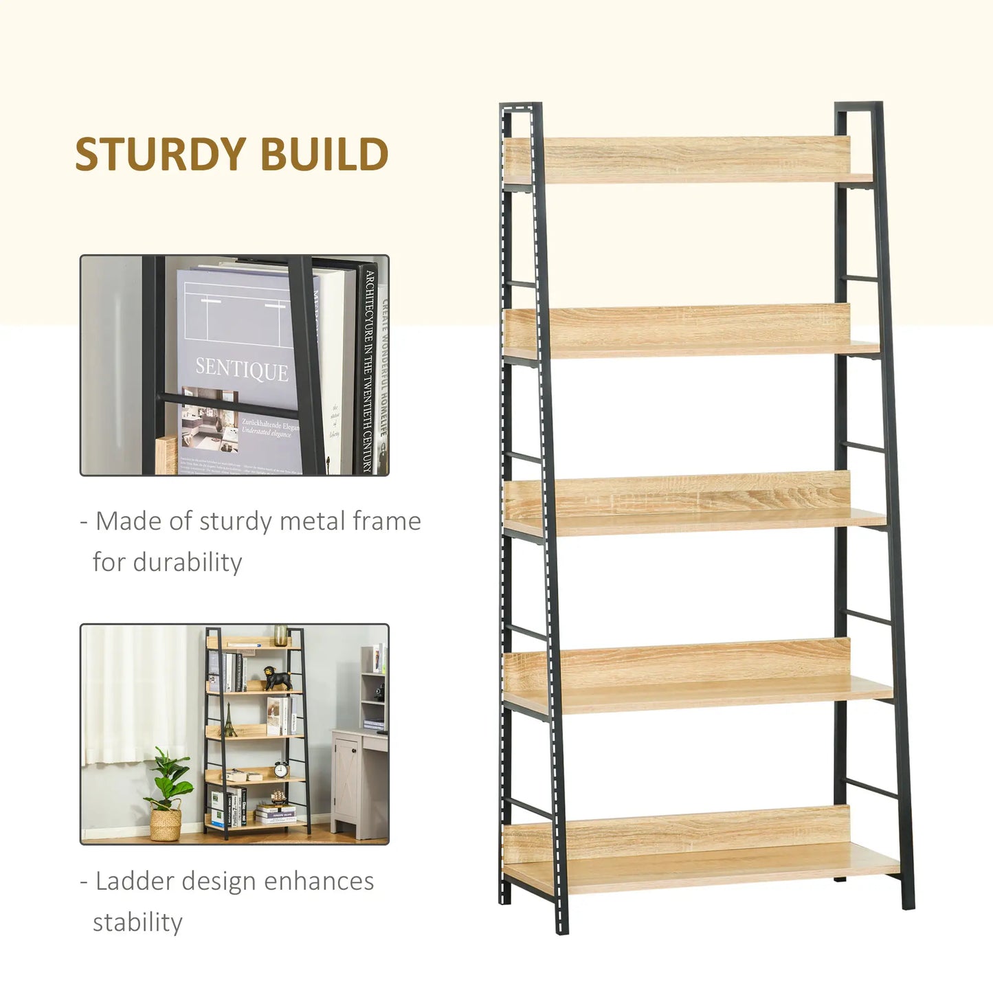 Modern 5-Tier Bookshelf, Metal Frame, Wooden Shelves, Oak Display Bookshelves at Gallery Canada