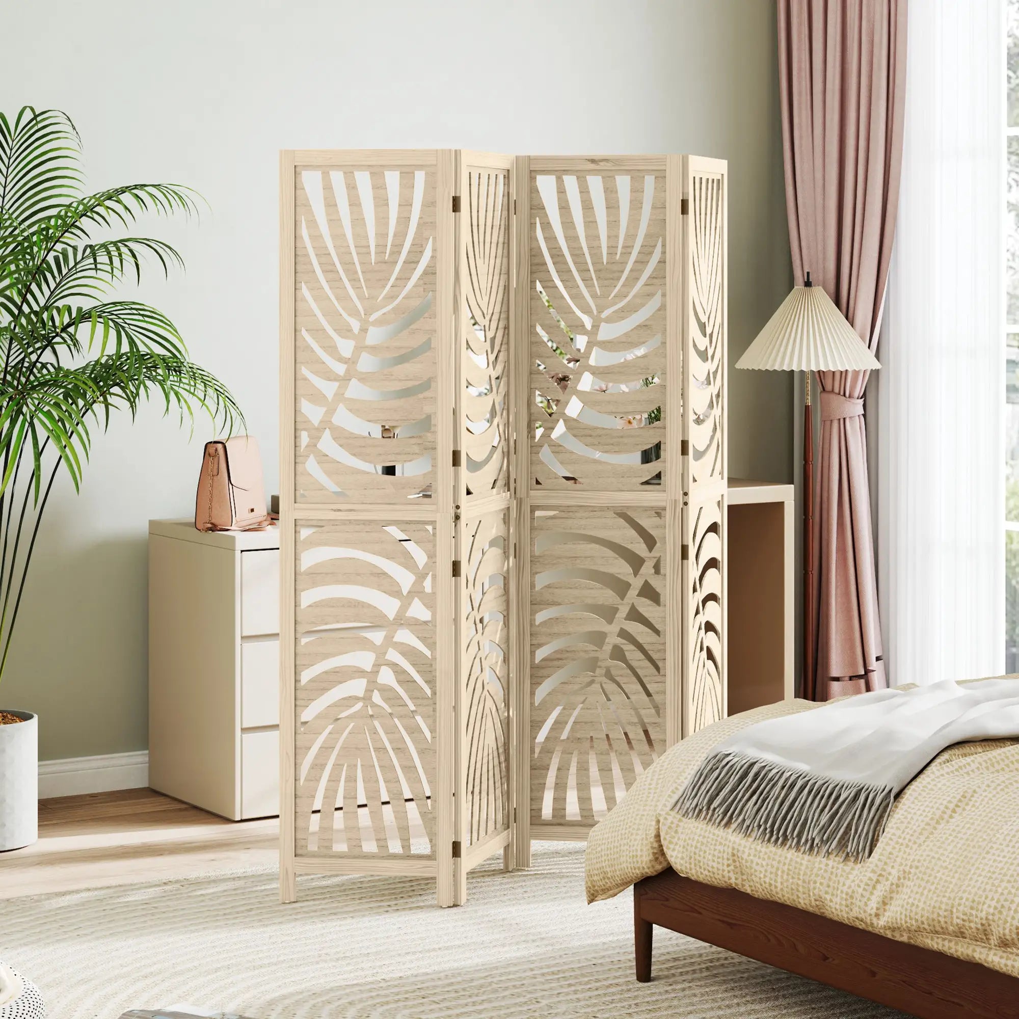 4 Panel Room Divider, Detachable Folding Privacy Screen, Palm Leaf Design, Natural Wood Finish Room Dividers at Gallery Canada