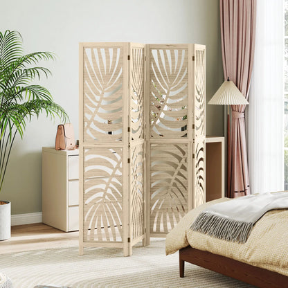 4 Panel Room Divider, Detachable Folding Privacy Screen, Palm Leaf Design, Natural Wood Finish Room Dividers at Gallery Canada