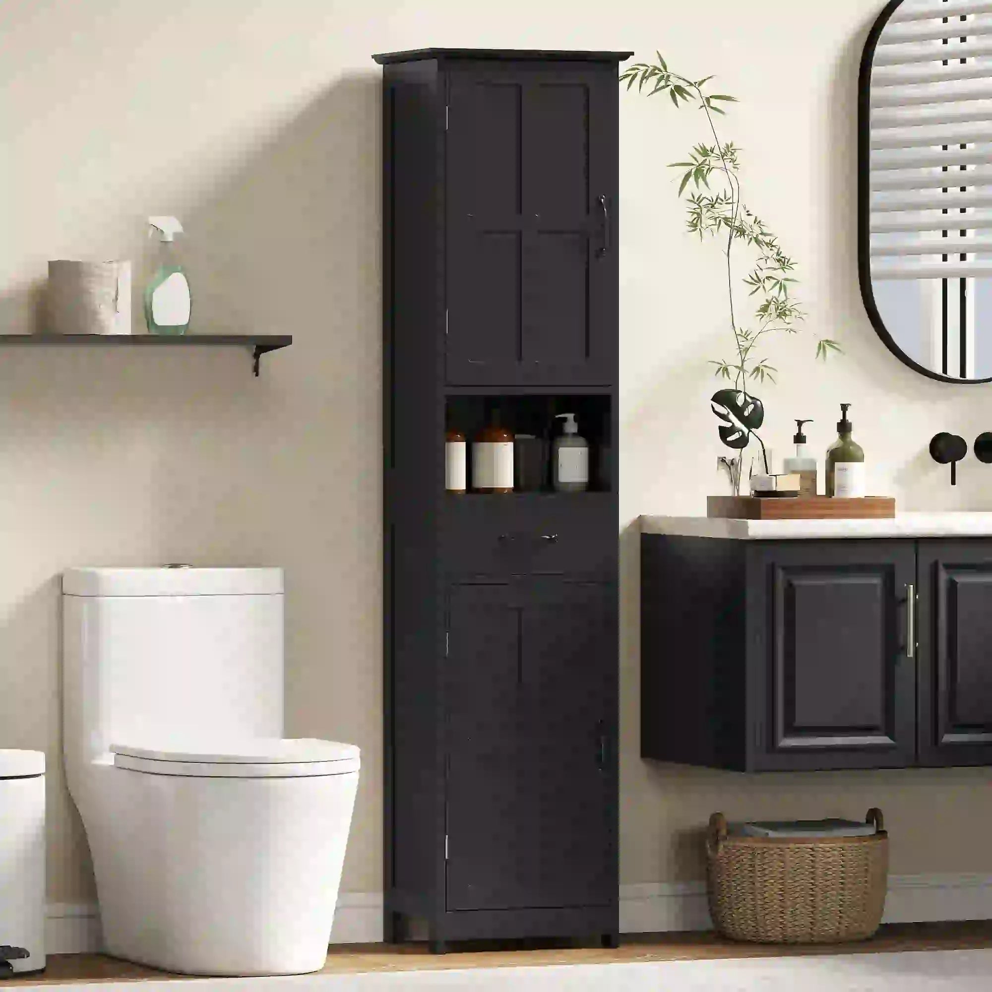 Modern Bathroom Cabinet, Narrow Vanity with Shelf and Drawer, Black Freestanding Bathroom Cabinets at Gallery Canada