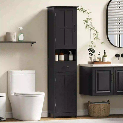 Modern Bathroom Cabinet, Narrow Vanity with Shelf and Drawer, Black Freestanding Bathroom Cabinets at Gallery Canada