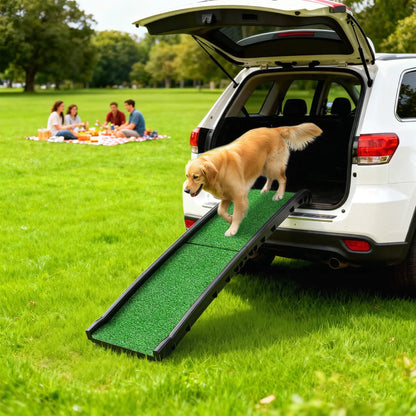 61 Pouces Rampe pour Animaux de Compagnie Pliable avec Surface en Herbe, Garde-Corps Surélevés