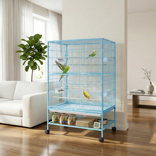 52'' Large Rolling Steel Bird Cage Bird House with Rolling Stand, Storage Shelf, Wood Perch, Food Container, Light Blue Bird Cages Light Blue at Gallery Canada