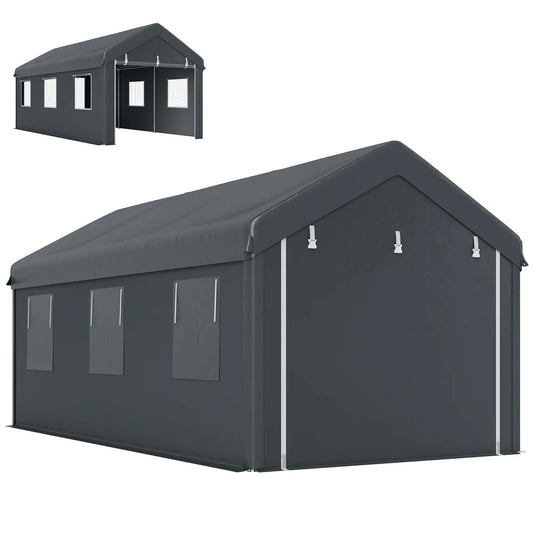 10' x 20' Heavy Duty Portable Garage, 6 Mesh Windows, 2 Doors, Dark Grey