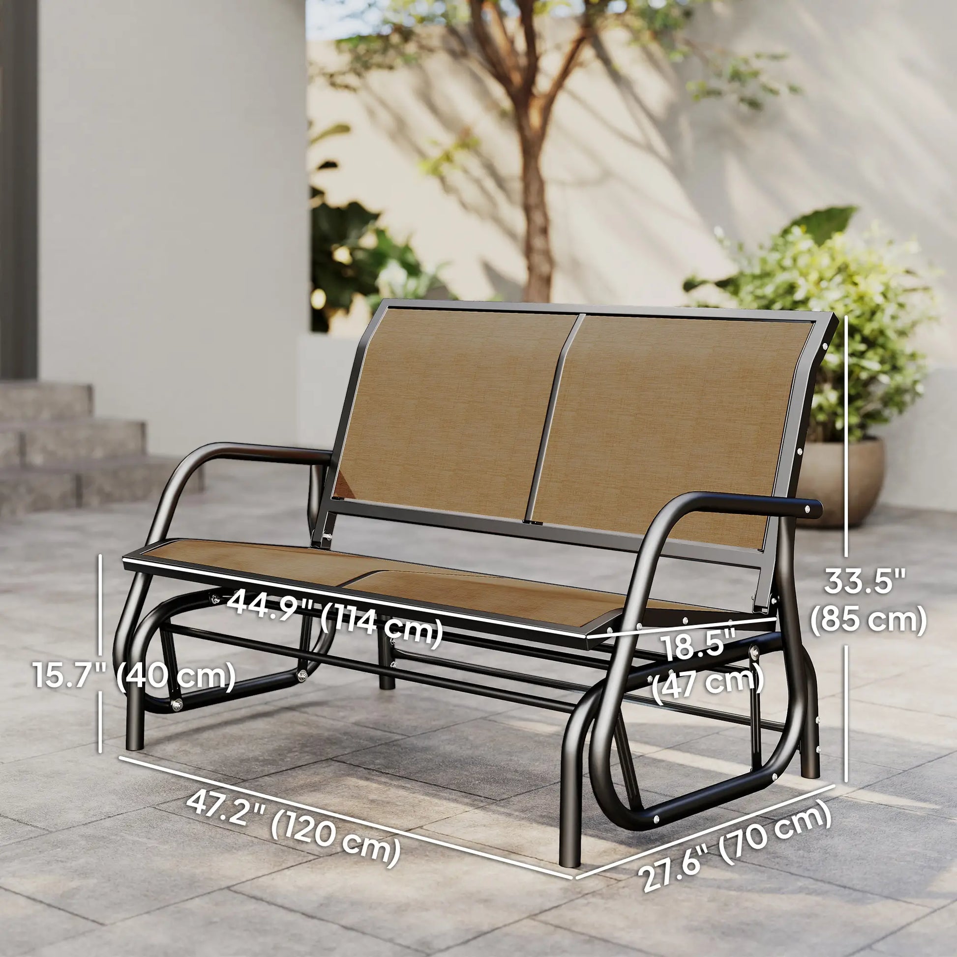 Outdoor Steel Glider Bench, Sling Fabric Swing Chair, Brown Outdoor Gliders at Gallery Canada