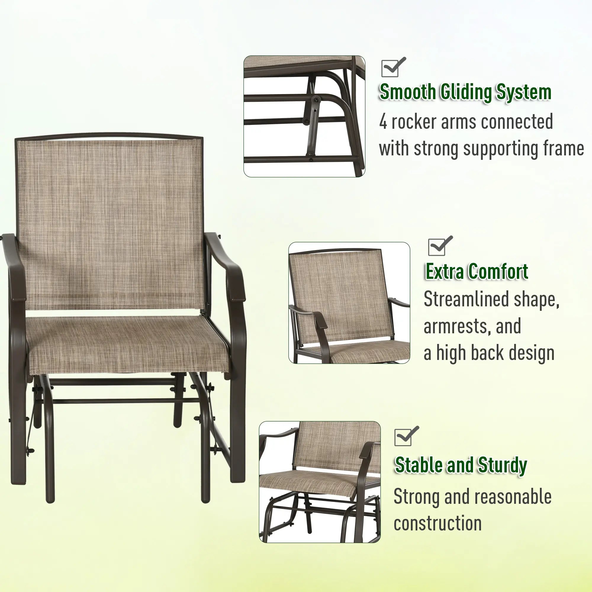 3 Piece Patio Glider Set, Outdoor Gliders, Mesh Seat, Glass Table, Mixed Brown, Brown Outdoor Gliders at Gallery Canada