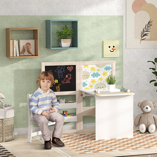 3 in 1 Kids Table and Chair Set, Foldable Easel, Storage Shelves, White Kids Table Sets White, Brown at Gallery Canada