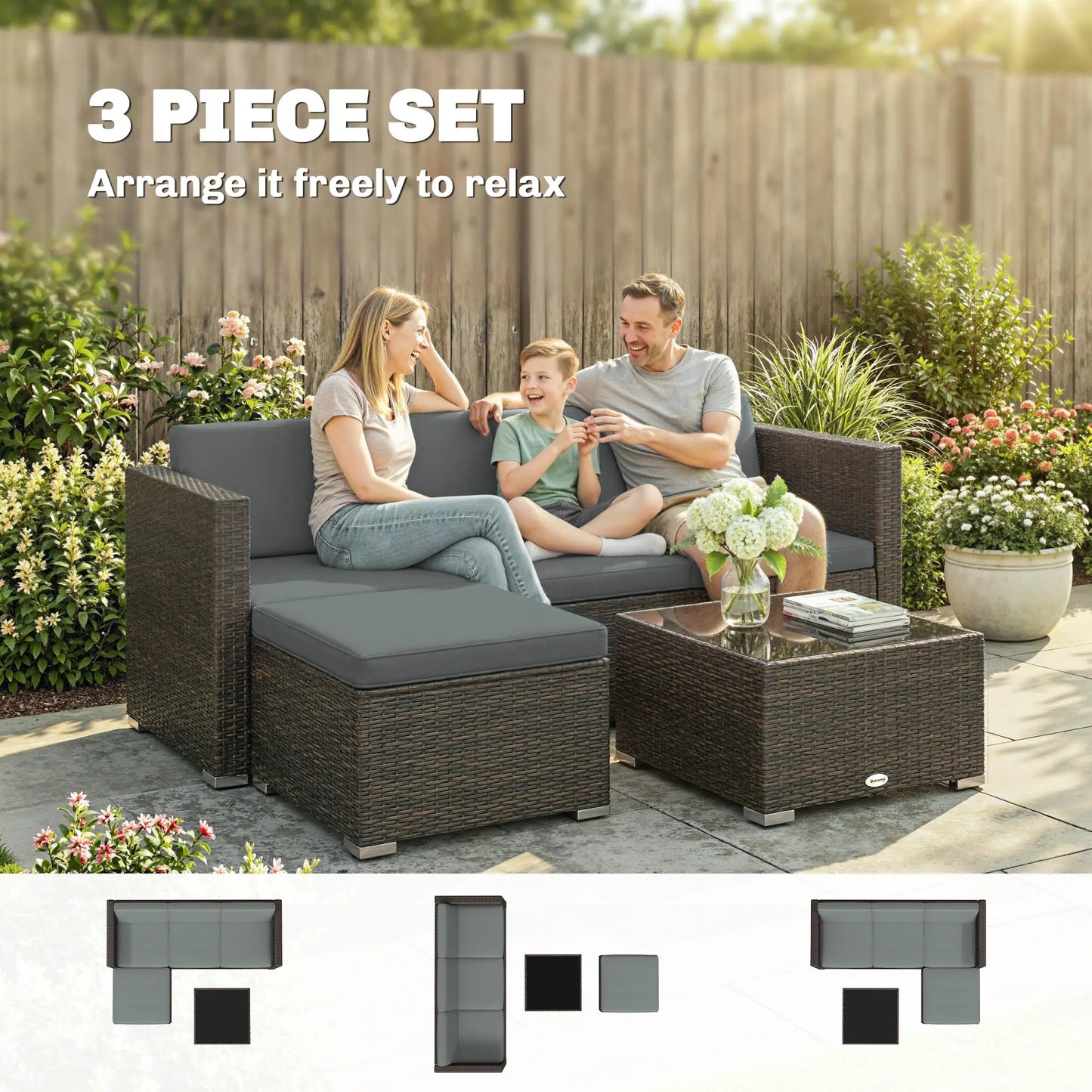 3 Piece Patio Furniture Set With Cushions, Outdoor PE Rattan Wicker, Dark Grey Patio Furniture Sets at Gallery Canada