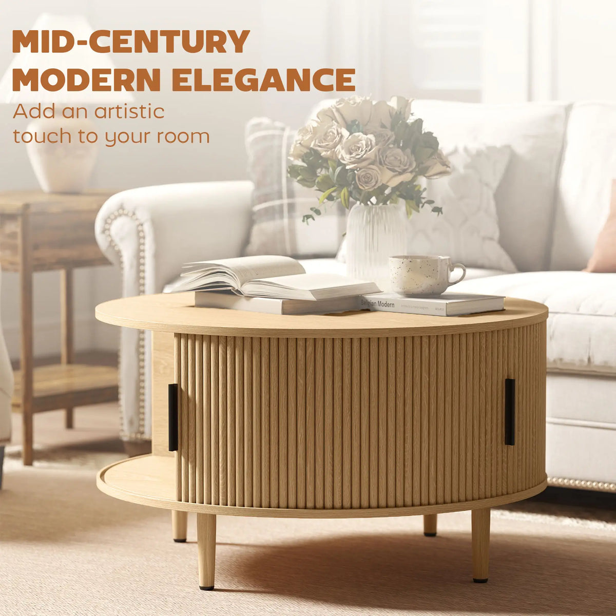 31.5" Round Coffee Table, Storage, Sliding Door, Natural Coffee Tables at Gallery Canada