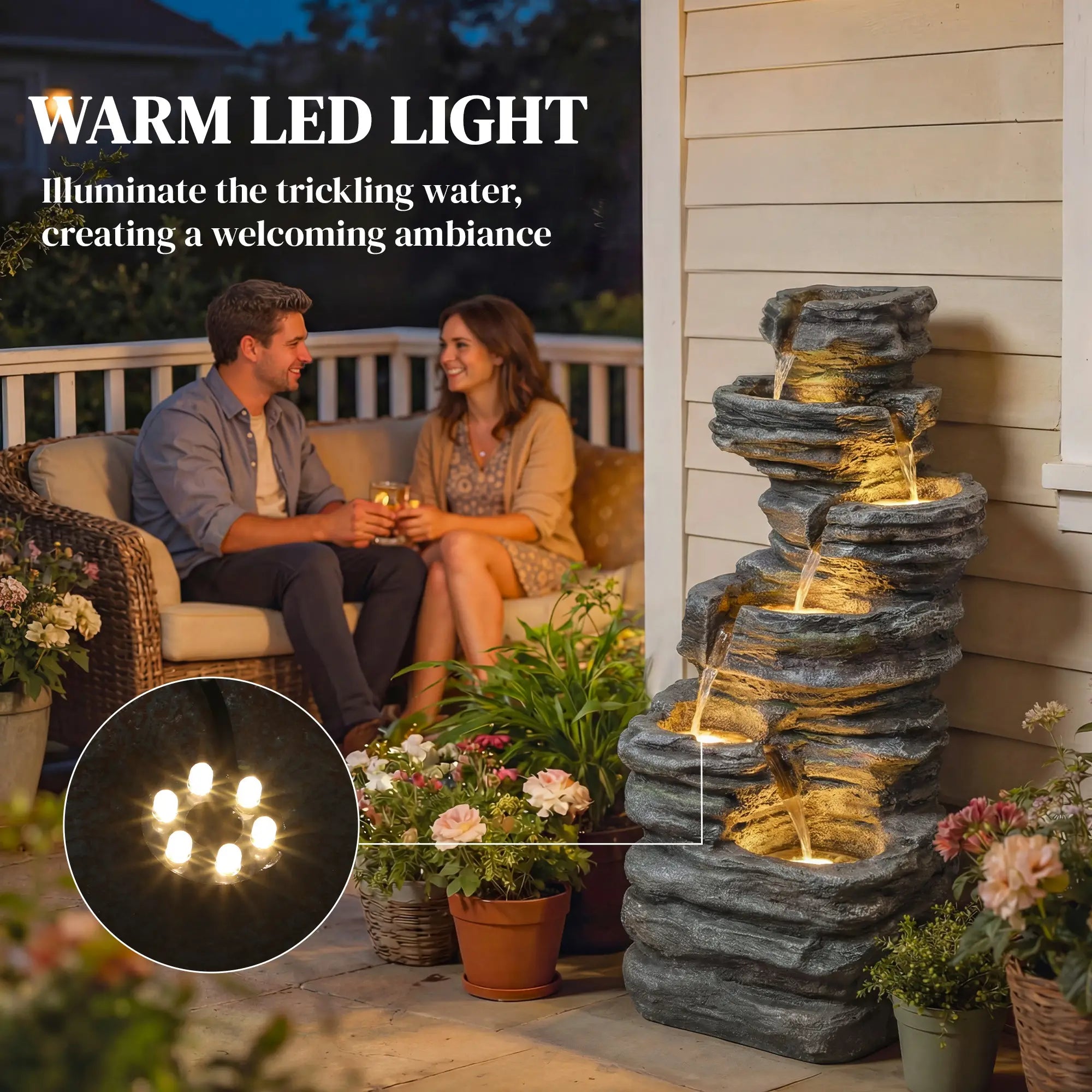 Outdoor 6-Tier Water Fountain, Waterfall With LED Lights, Resin Feature, Grey Water Fountains at Gallery Canada