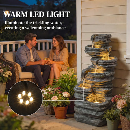 Outdoor 6-Tier Water Fountain, Waterfall With LED Lights, Resin Feature, Grey Water Fountains at Gallery Canada