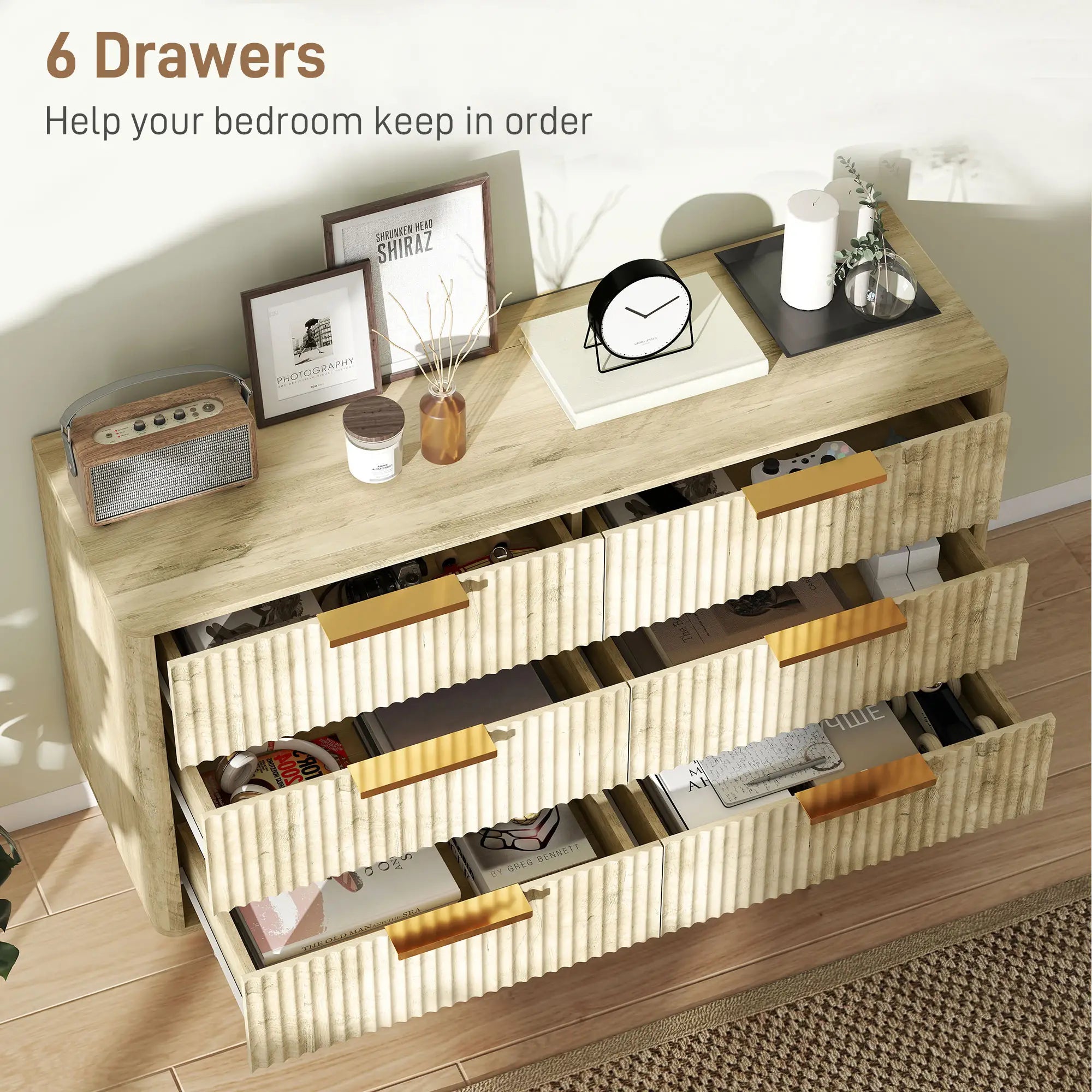 Fluted Chest of Drawers, 6 Drawer Dresser with Pine Wood Legs, Oak Storage Cabinets at Gallery Canada