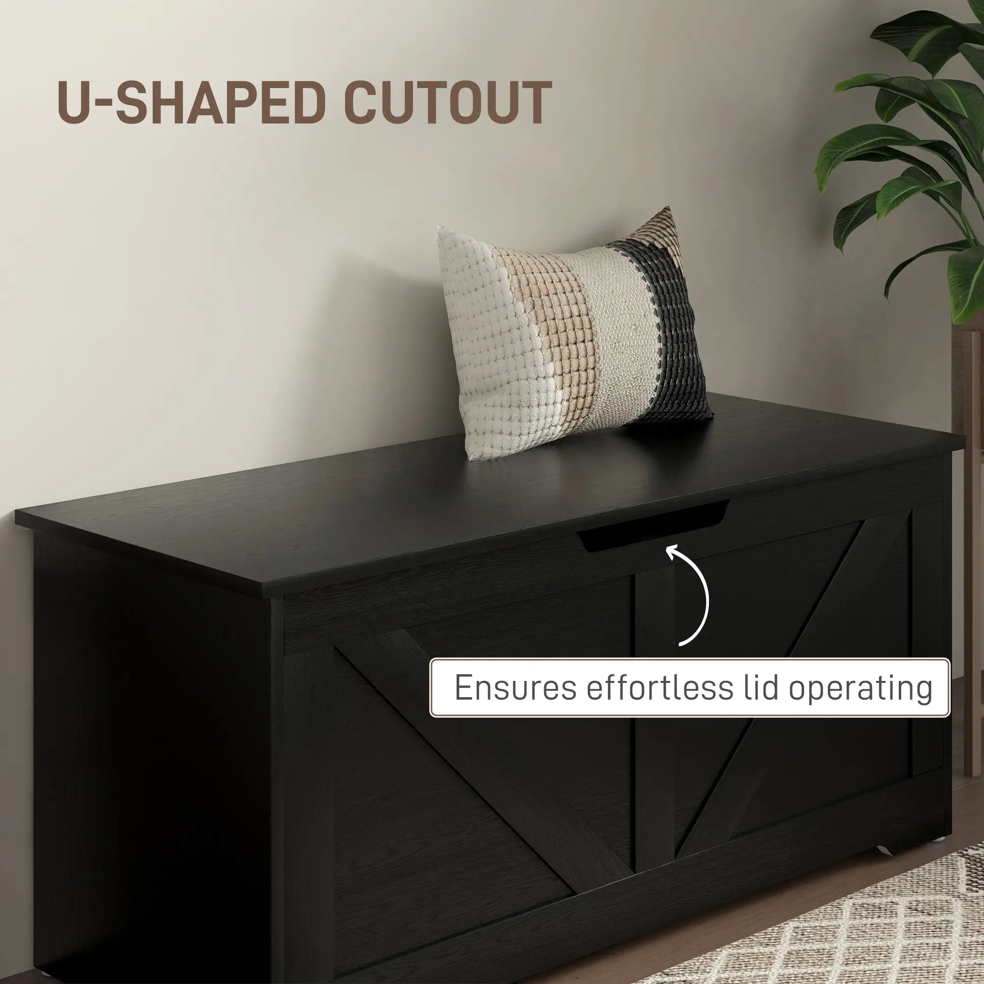 39.4 Inches Storage Chest, Wooden Box with Safety Hinges, Wood Grain, Black Storage Cabinets at Gallery Canada