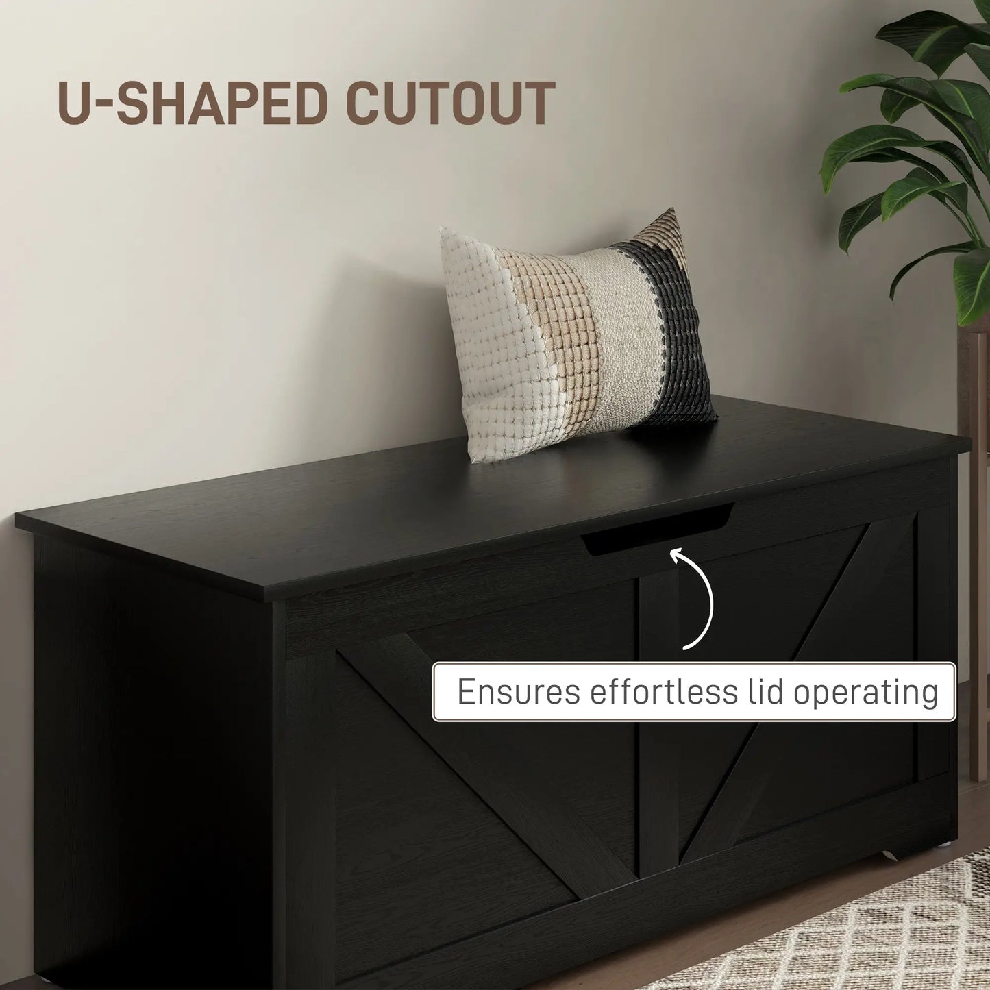 39.4 Inches Storage Chest, Wooden Box with Safety Hinges, Wood Grain, Black Storage Cabinets at Gallery Canada