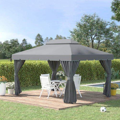13' x 10' Patio Gazebo, Double Roof Canopy Shelter with Netting, Dark Grey