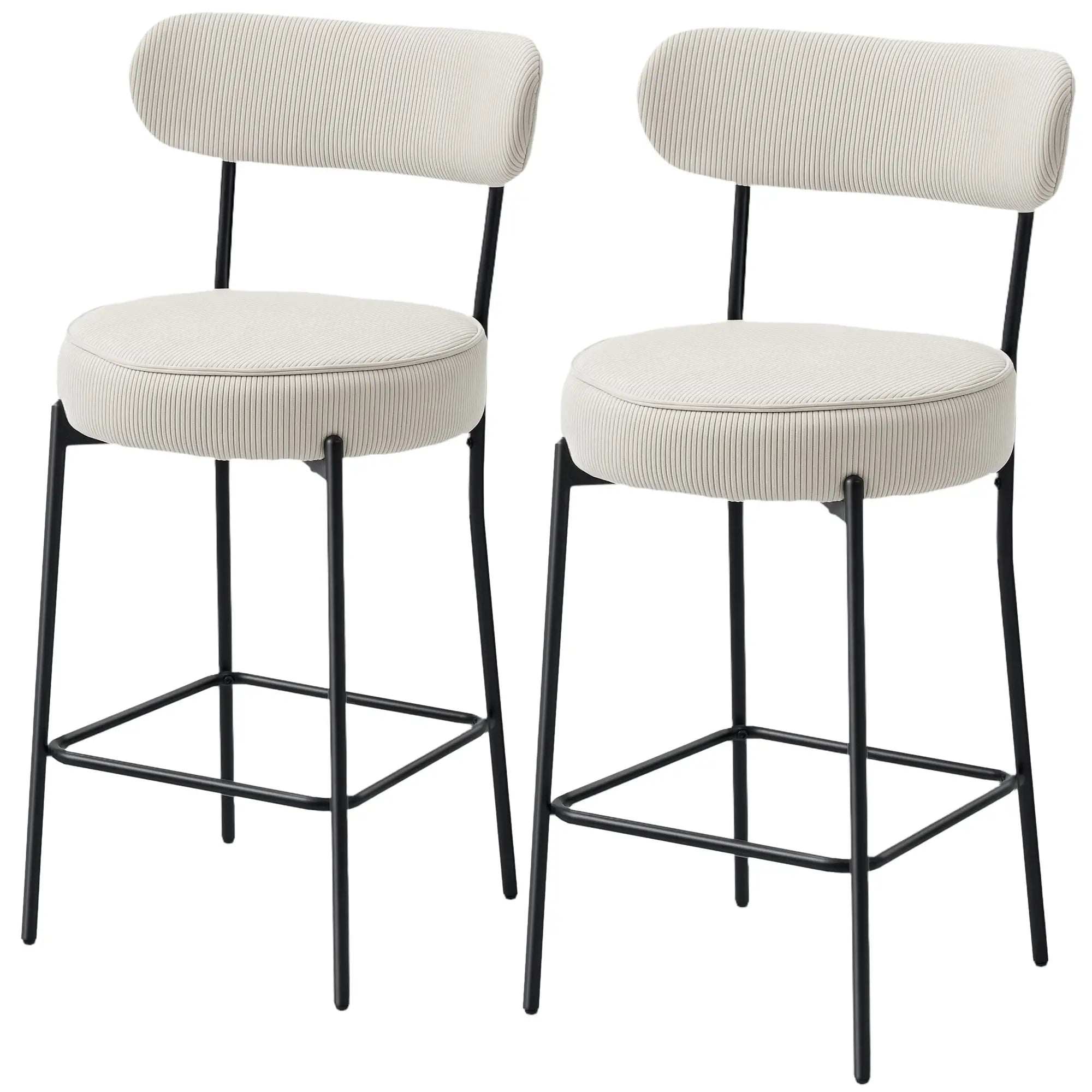 Set of 2 Upholstered Corduroy Barstools with Backrest, Footrest, Cream White Bar Stools Cream at Gallery Canada