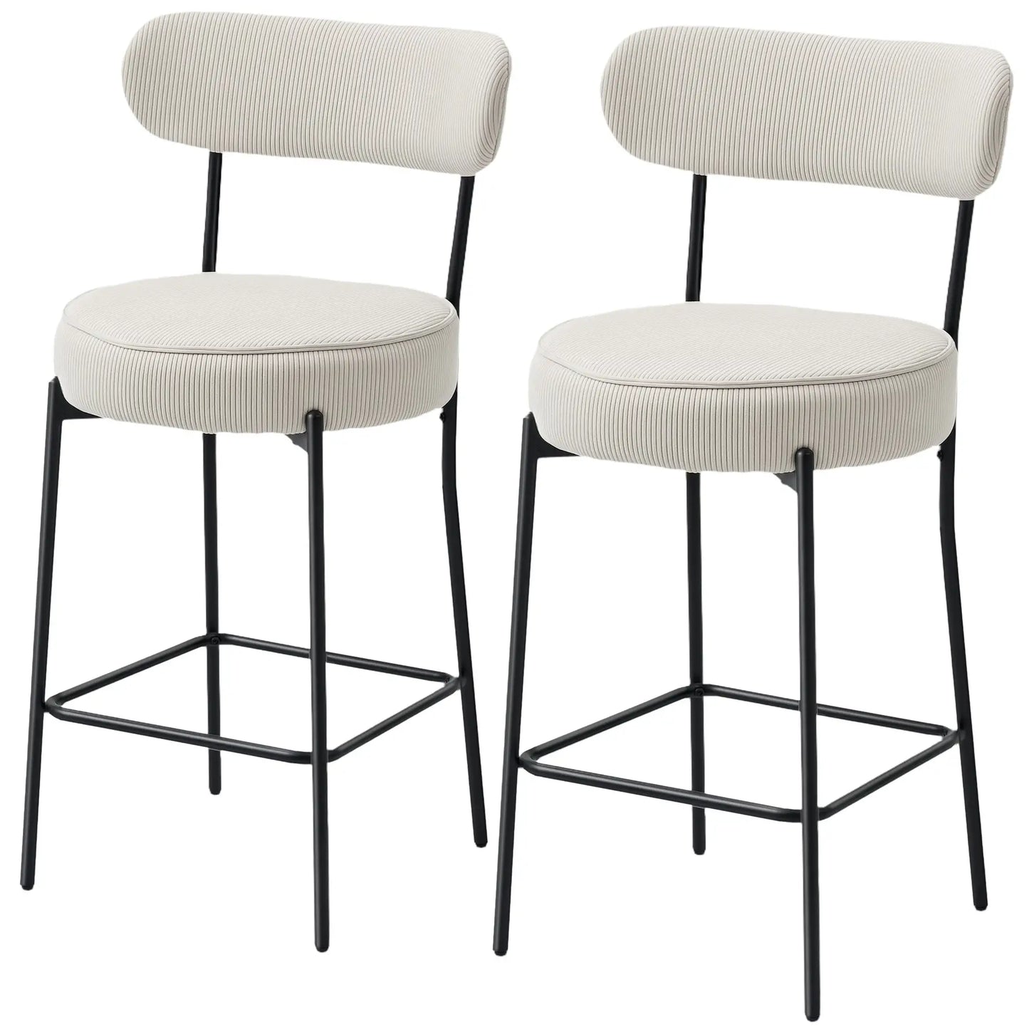 Set of 2 Upholstered Corduroy Barstools with Backrest, Footrest, Cream White Bar Stools Cream at Gallery Canada