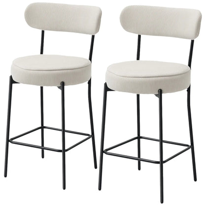 Set of 2 Upholstered Corduroy Barstools with Backrest, Footrest, Cream White Bar Stools Cream at Gallery Canada