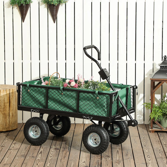 Steel Garden Cart, Removable Liner, Quick-Release Sides, 10" Wheels, 660lbs, Green