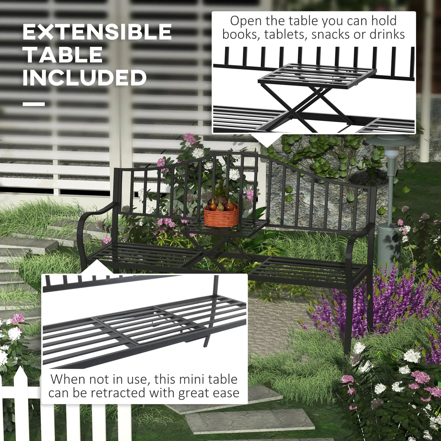 Outdoor Bench, Retractable Table, Metal Frame, Slatted Seat, Black Outdoor Benches at Gallery Canada
