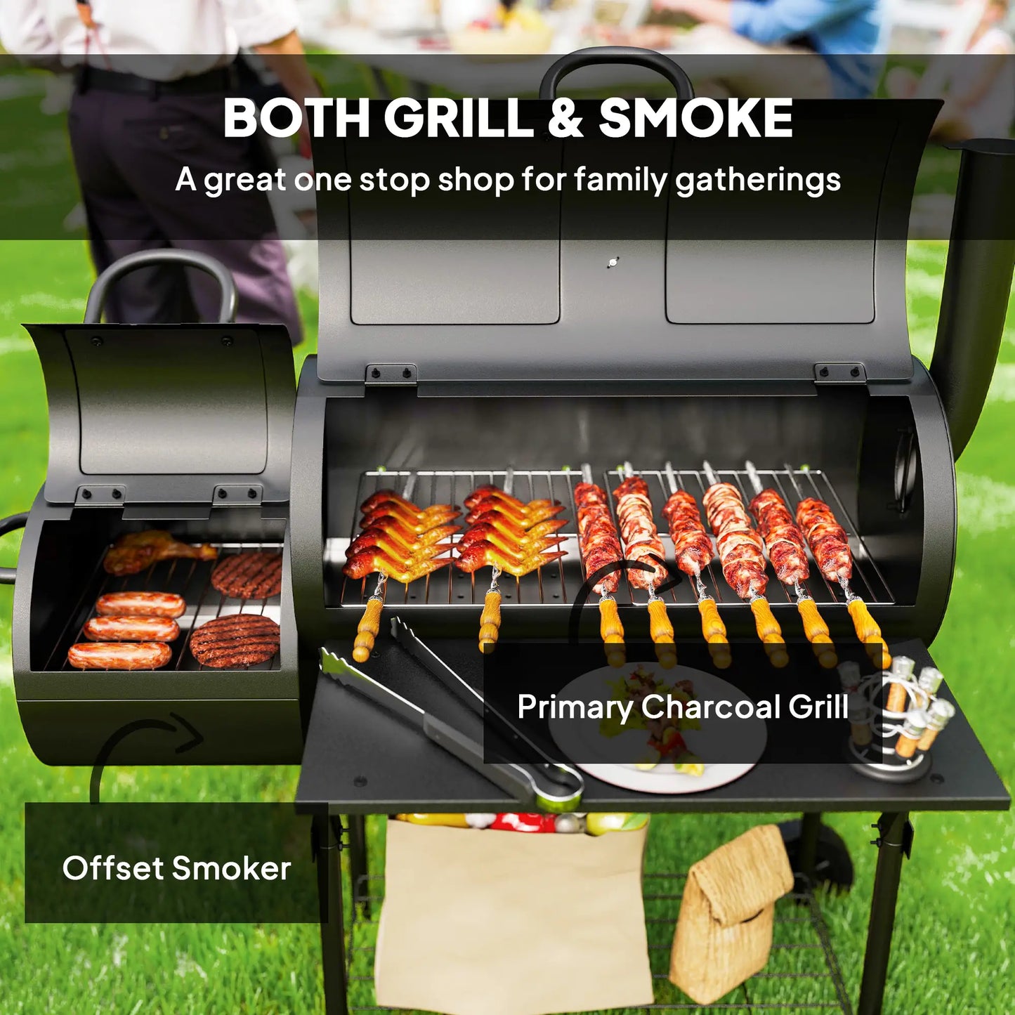 Portable Charcoal BBQ Grill With Offset Smoker, 2 Shelves, Thermometer, Wheels, Black Charcoal BBQ Grils at Gallery Canada