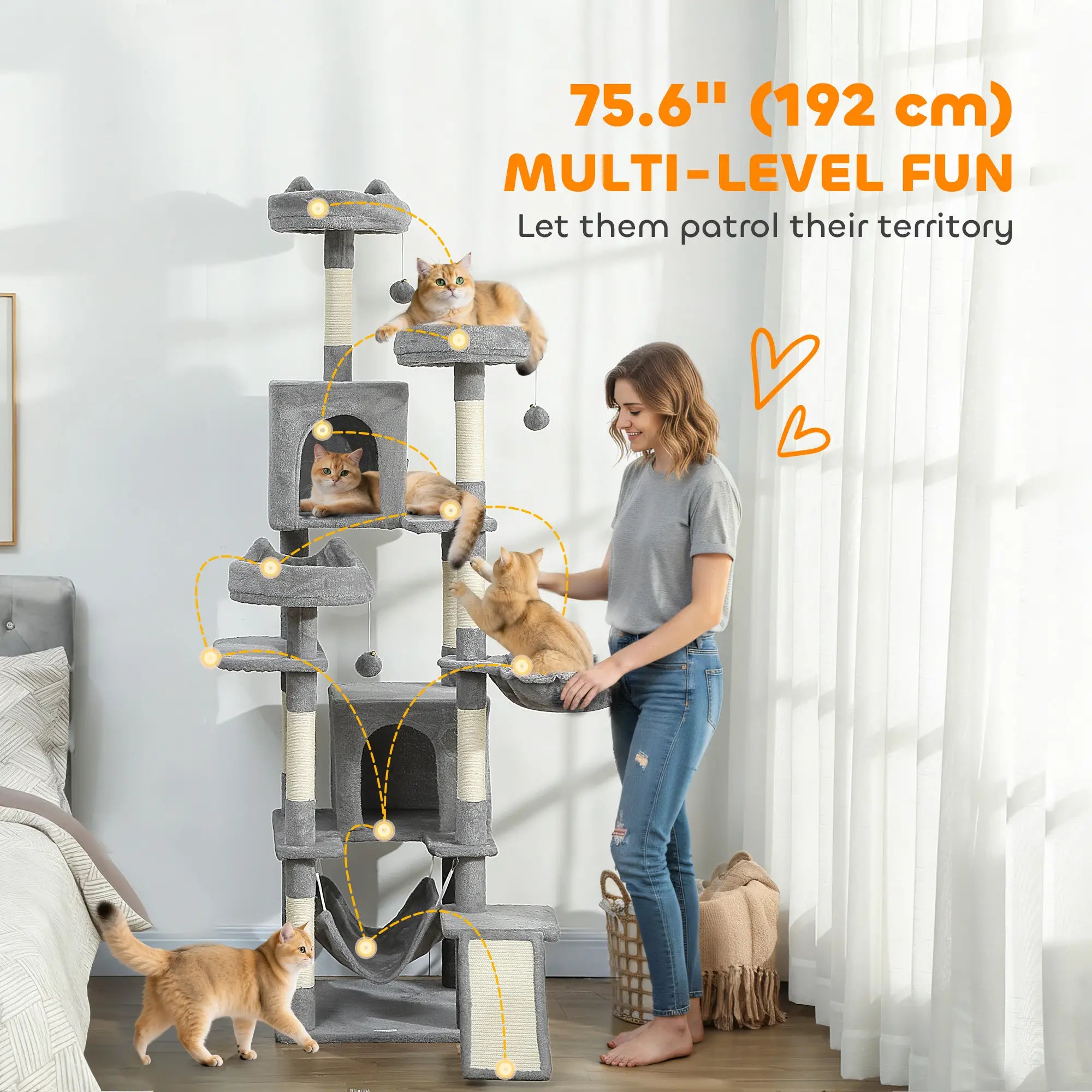 76 Inch Large Cat Tree, 8 Scratching Posts, 3 Beds, 2 Hammocks, Light Grey Cat Towers at Gallery Canada