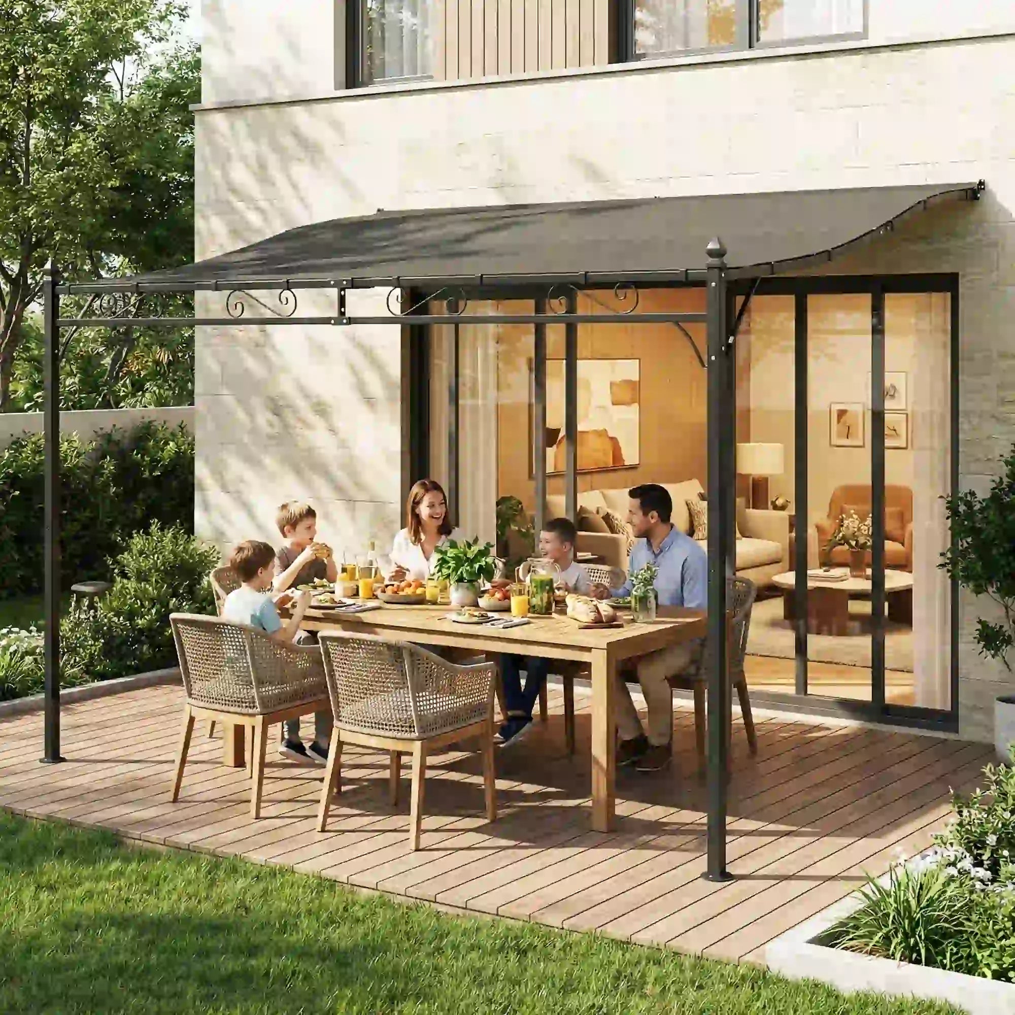 Outdoor Pergola, 11.5' x 8.2' Wall Mounted, Metal Frame, UPF30+, Garden Gazebo Pergolas at Gallery Canada