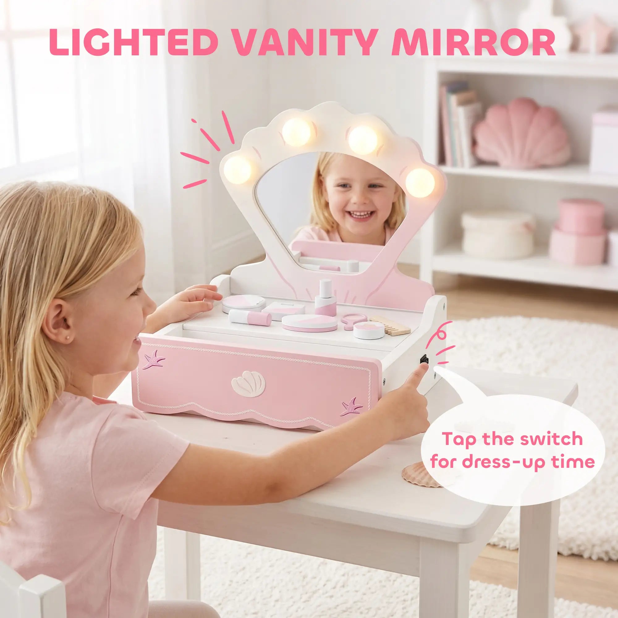 Kids Vanity Set with Lights, Mirror & Drawer, Girls 3-6, Pink Toy Vanity at Gallery Canada