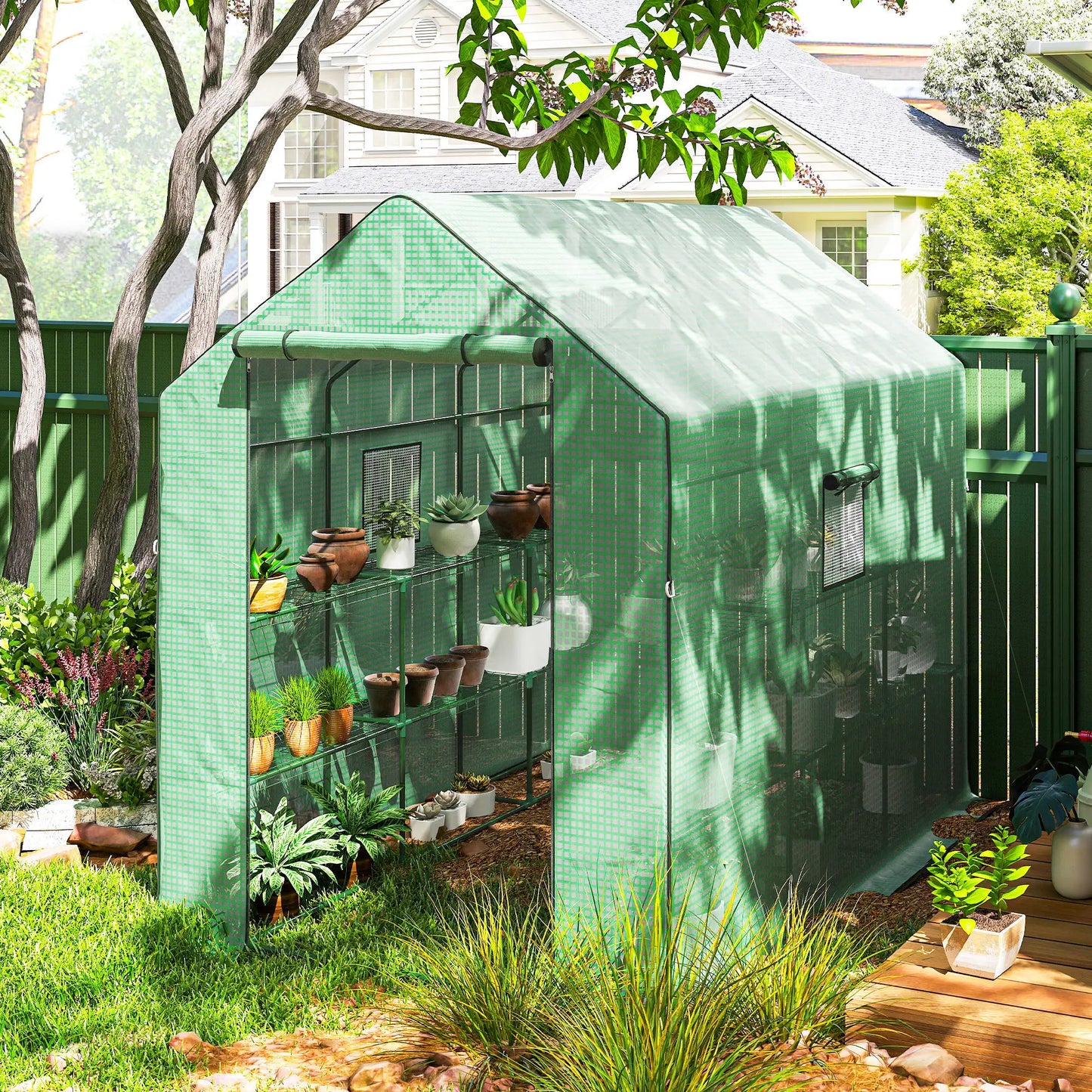 Walk-in Greenhouse, 3 Tier, Roll-up Door, Mesh Windows, 140 x 213 x 190 cm, Green