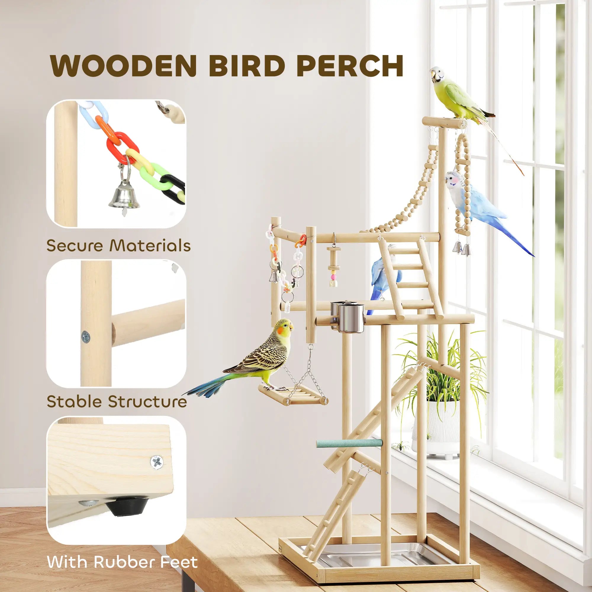 Bird Playground, 4 Layer Wooden Play Stand, Ladders, Chain Toy, Stainless Steel Cups Bird Cages at Gallery Canada