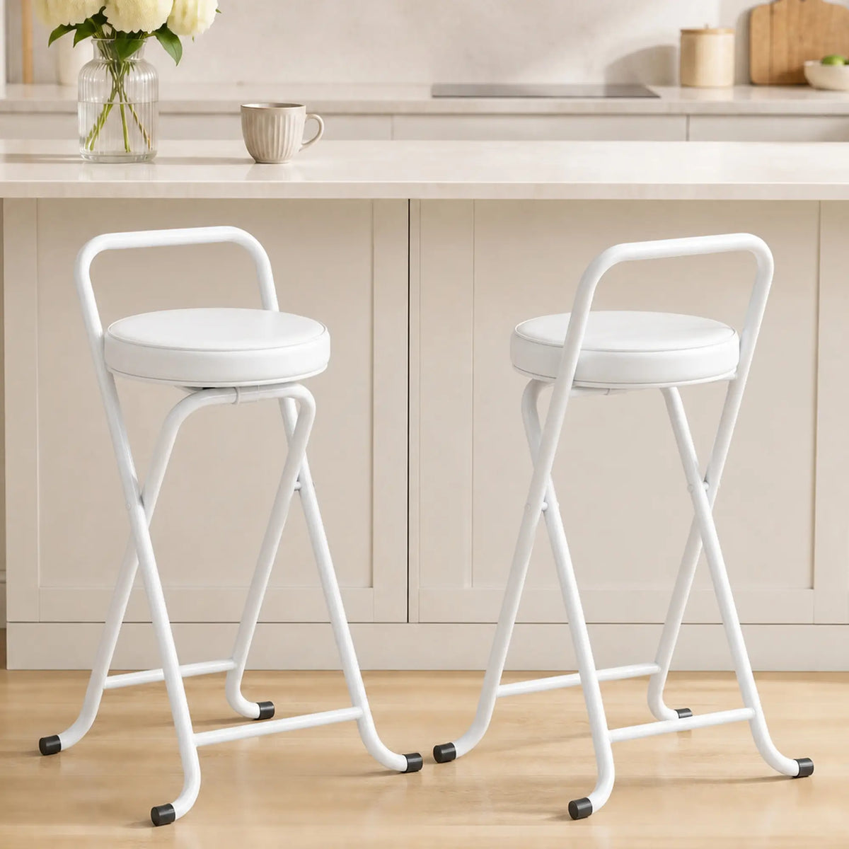 Foldable Bar Stools Set Of 2, PU Cushioned Seat With Footrest, White Bar Stools at Gallery Canada