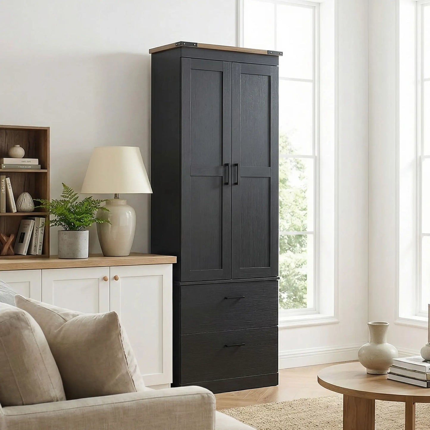 67" Tall Kitchen Pantry Cabinet With Doors, Drawers, Adjustable Shelves, Black Kitchen Pantry Cabinets at Gallery Canada